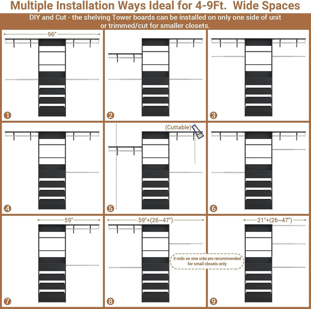 Aheaplus Closet System with 4 Drawers, 8FT Wood Closet Organizer System