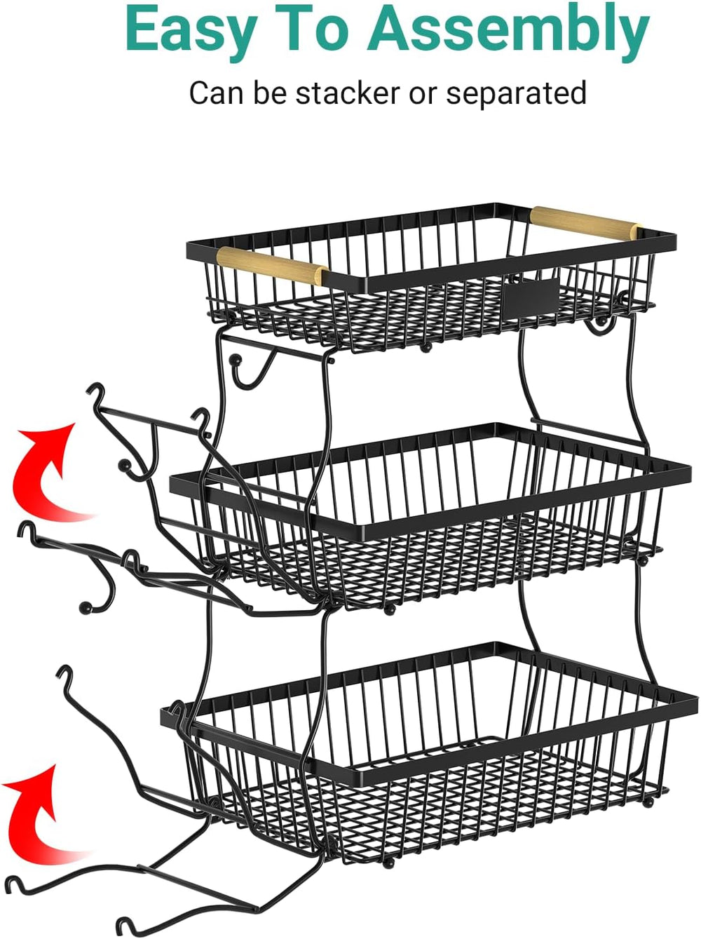3 Tier Fruit Basket for Kitchen Counter with 2 Banana Hangers, Countertop Met...