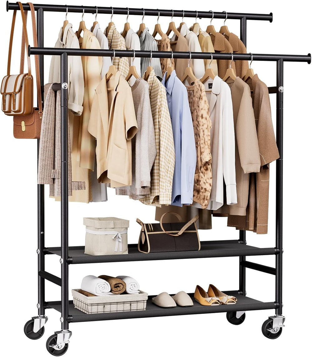 HYSEYY Clothes Rack,Double Rods Rolling Clothing Rack for Hanging Clothes,Por...
