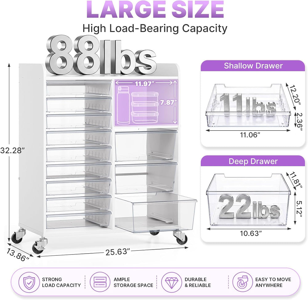 APEXCHASER 12-Drawer Storage Cabinet with Wooden Top and Open Shelf, White