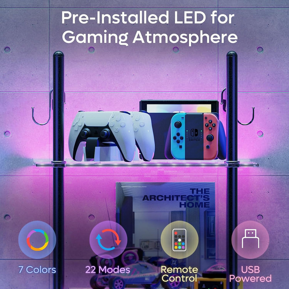 Bestier 15" Gaming Floating Shelves with LED Lights, Carbon Fiber Black