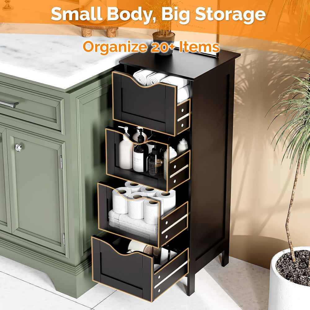VINGLI Black Bathroom Storage Cabinet with 4 Drawers, Slim Freestanding Floor...