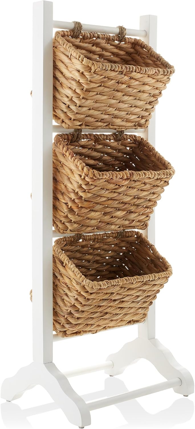 Casafield 3-Tier Floor Stand with Water Hyacinth Storage Baskets, White/Natur...