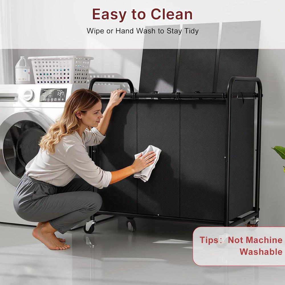 180L Laundry Sorter 3 Section with Lockable Wheels and Lid Black