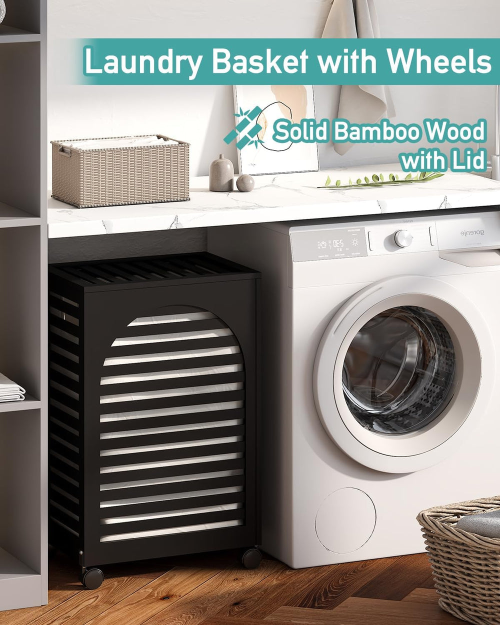 Black Laundry Hamper with Wheels, Laundry Basket with Lid, 22.5 Gallon (85L) ...
