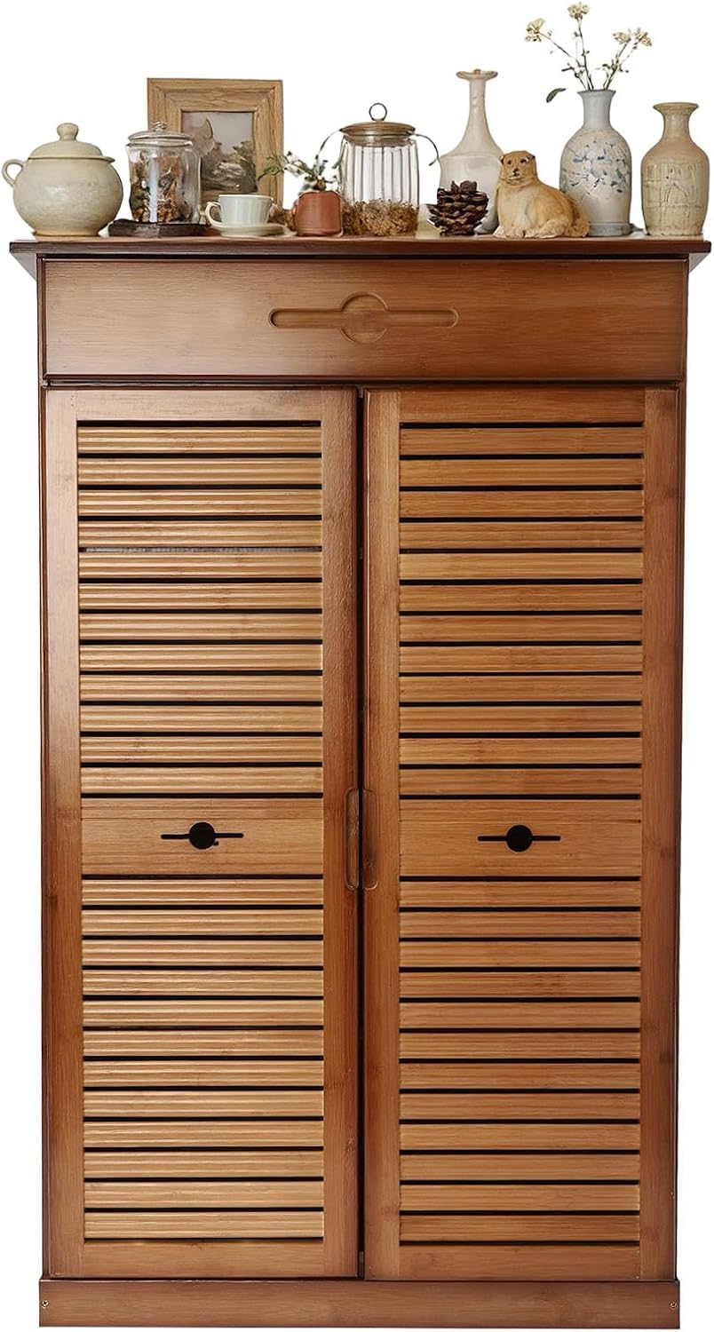 5 Tier Shoe Cabinet with Drawer, Bamboo Shoe Cabinet Organizer with Door, Ret...