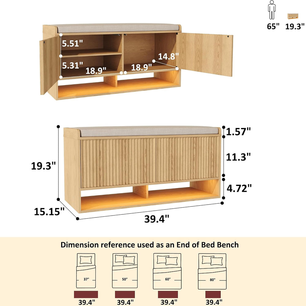 HOMEFORT 39.4" Fluted Shoe Storage Bench, Entryway Bench with Linen Seat...