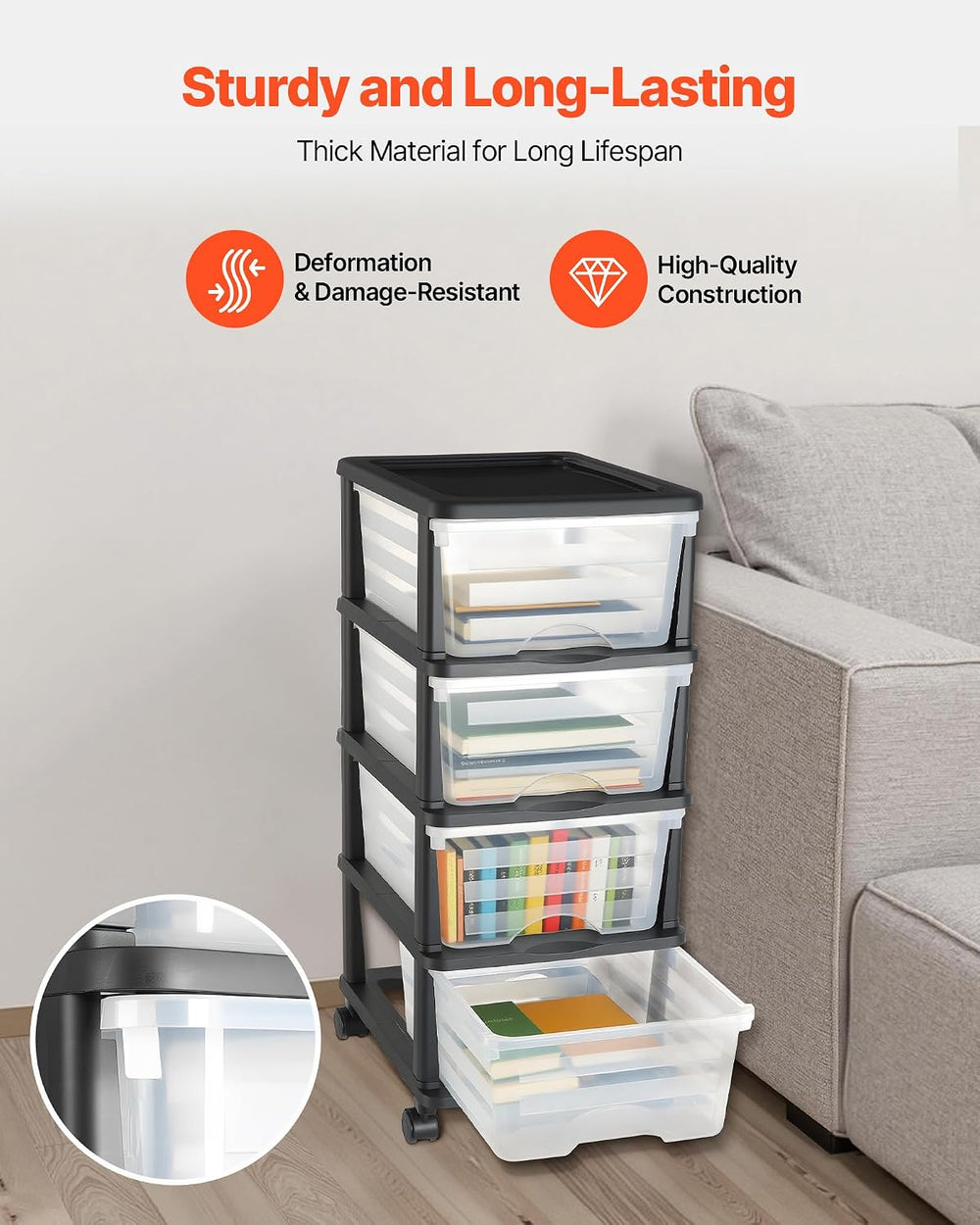 VEVOR Plastic Storage Drawers Cart, 4 Drawers Storage Organizer with Wheels, ...