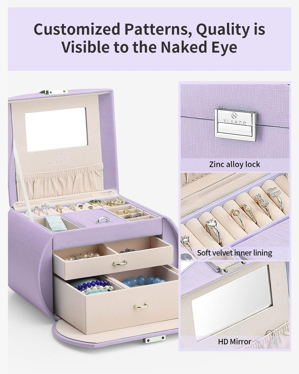 VLANDO 3-Layer Princess Jewelry Box With Mirror For Girls,Purple