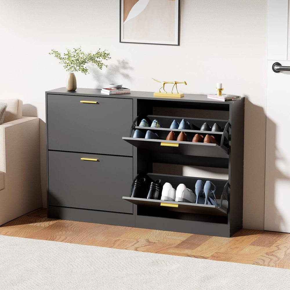 JOZZBY Shoe Cabinet Storage Set of 2 with 2 Flip Drawers, Black丨Slim Freestan...