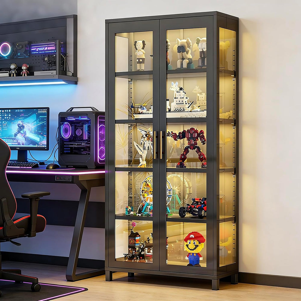 Display Cabinet with Glass Doors, 5-Tier Curio Cabinet, Glass Display Case fo...