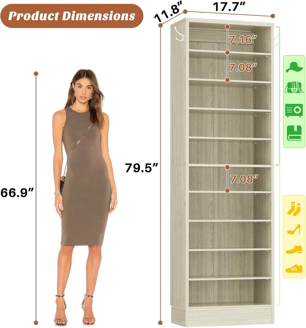 Aheaplus 10 Tiers Tall Shoe Cabinet, 17.7" Narrow Wood Shoe Rack, White Oak