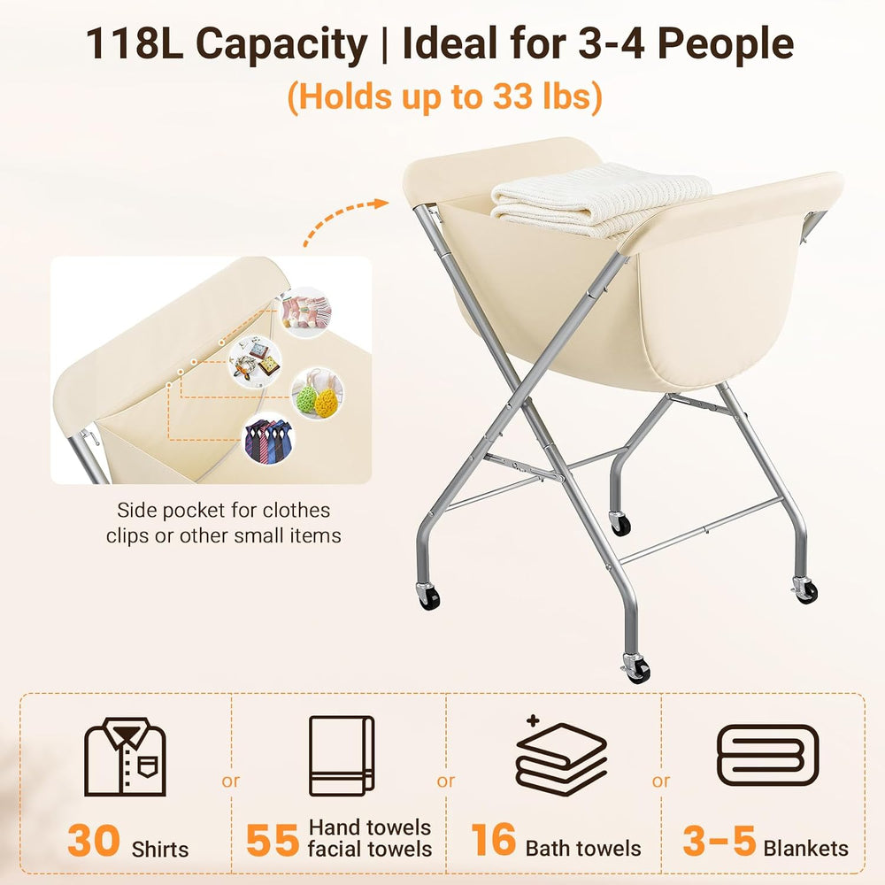 ELYKEN Laundry Basket with Wheels, Collapsible Laundry Hamper, Cream