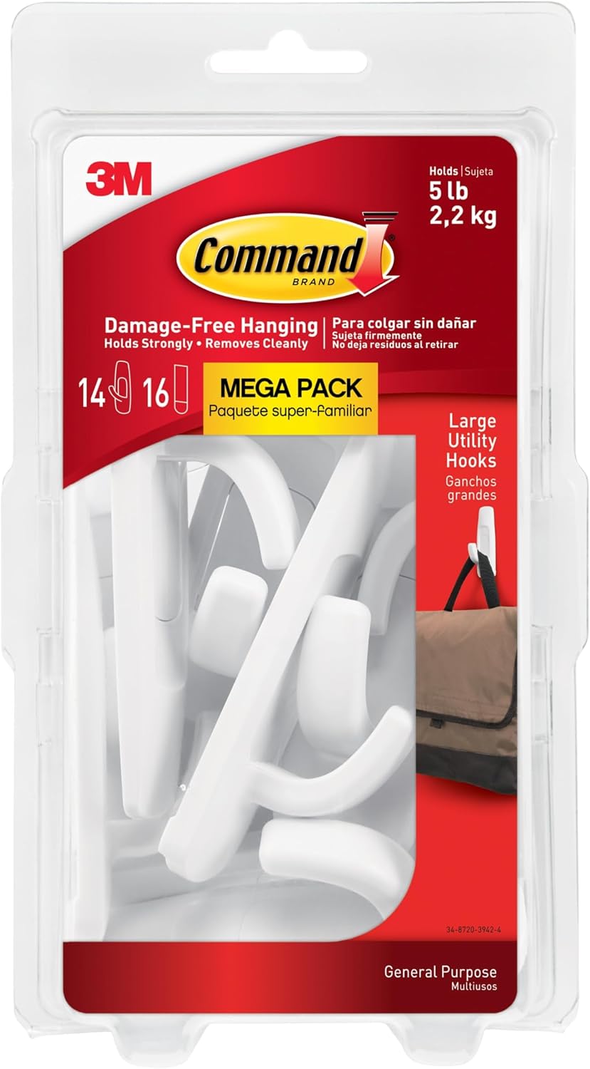 Command Large Utility Hooks, 14 Hooks and 16 Strips, Damage-Free Hanging Wall...