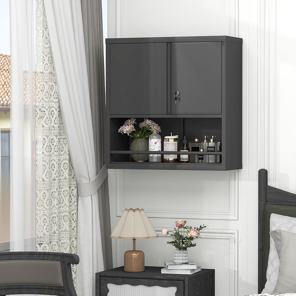 Locking Metal Wall Mounted Garage Storage Cabinet with Doors and Shelves