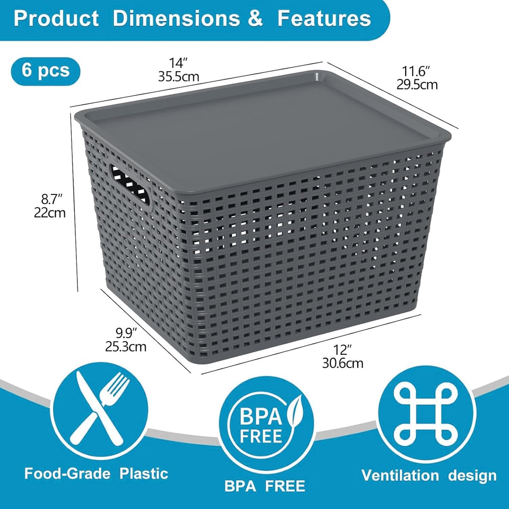 6-Pack Large Plastic Storage Baskets Bins with Lid, Gray