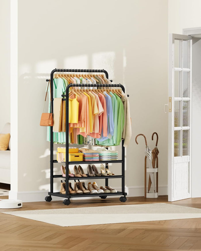 Sakugi Double Rod Clothes Rack with 3-Tier Shelves, 28.7"W x 17"D x 66.9"H