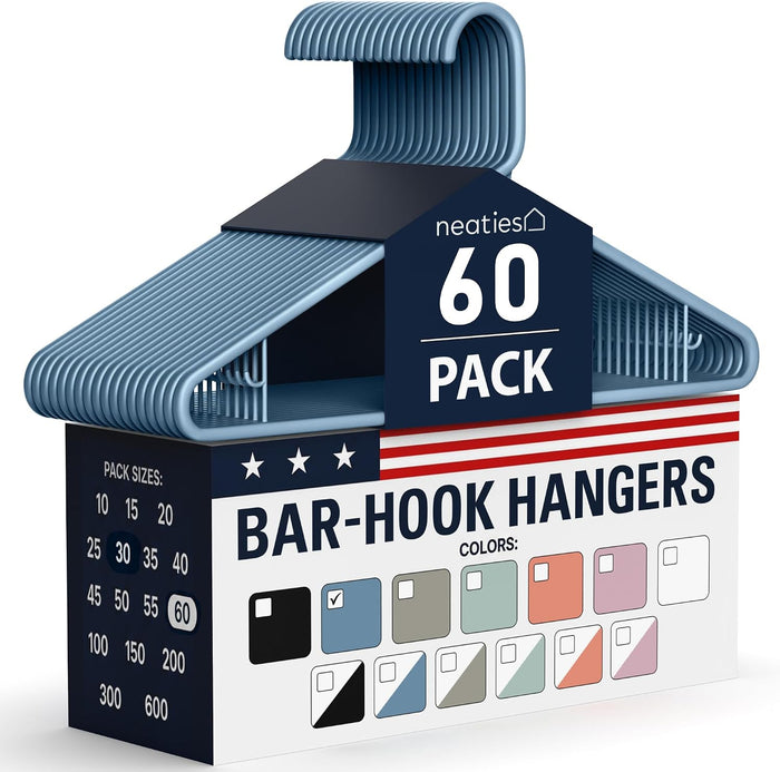 Plastic Hangers 50 Pack (60 Count) – Made in the USA – 6lb Capacity Standard Clothes Hangers with Strap Hooks for Dresses, Lingerie, Shirts, Pants, and Jackets – Blue