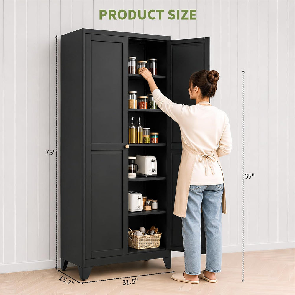 75" Metal Kitchen Pantry Cabinet with 5 Adjustable Shelves & Doors
