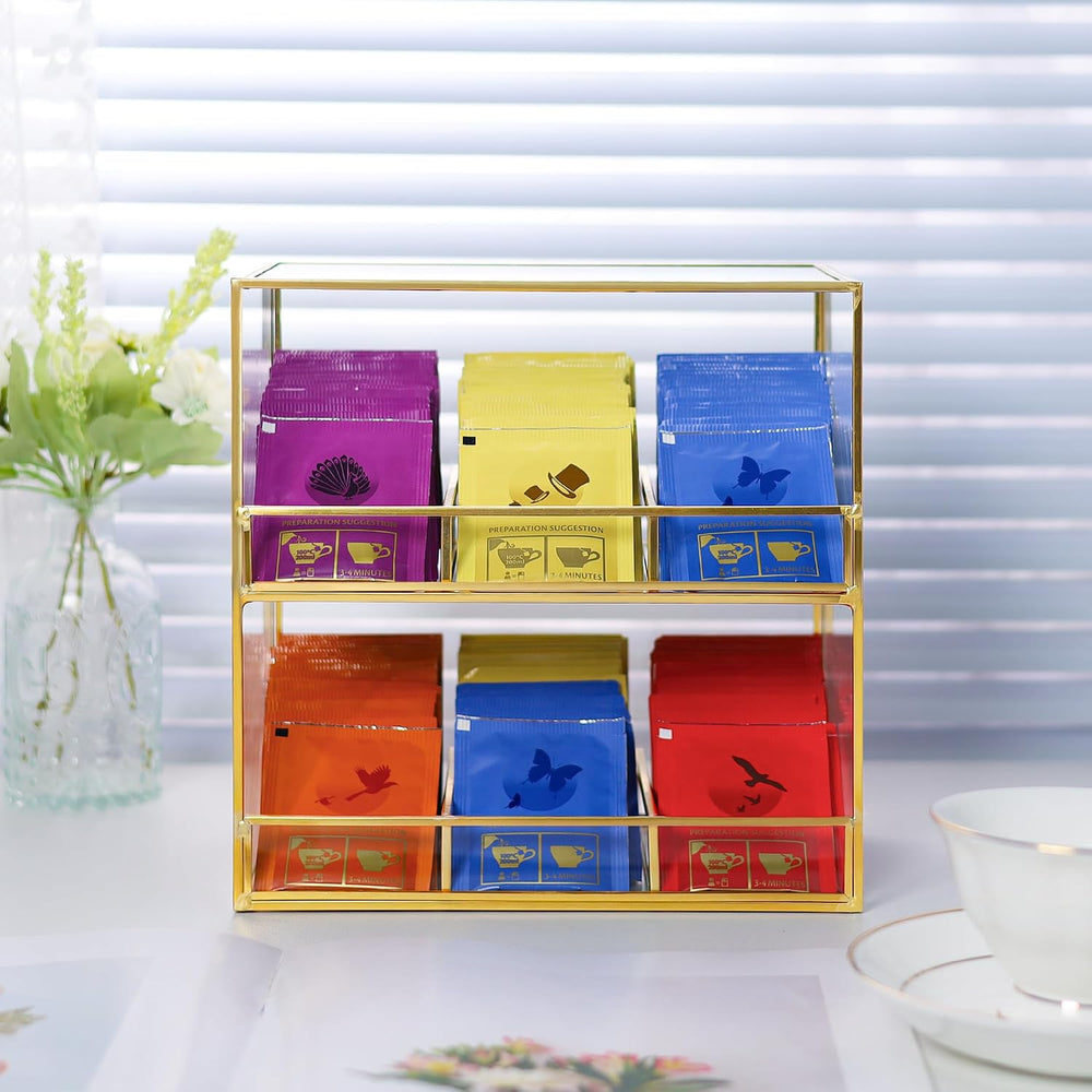 REDHUGO Glass Tea Bag Organizer for Counter, 2-Tier Teabag Organizer Storage ...