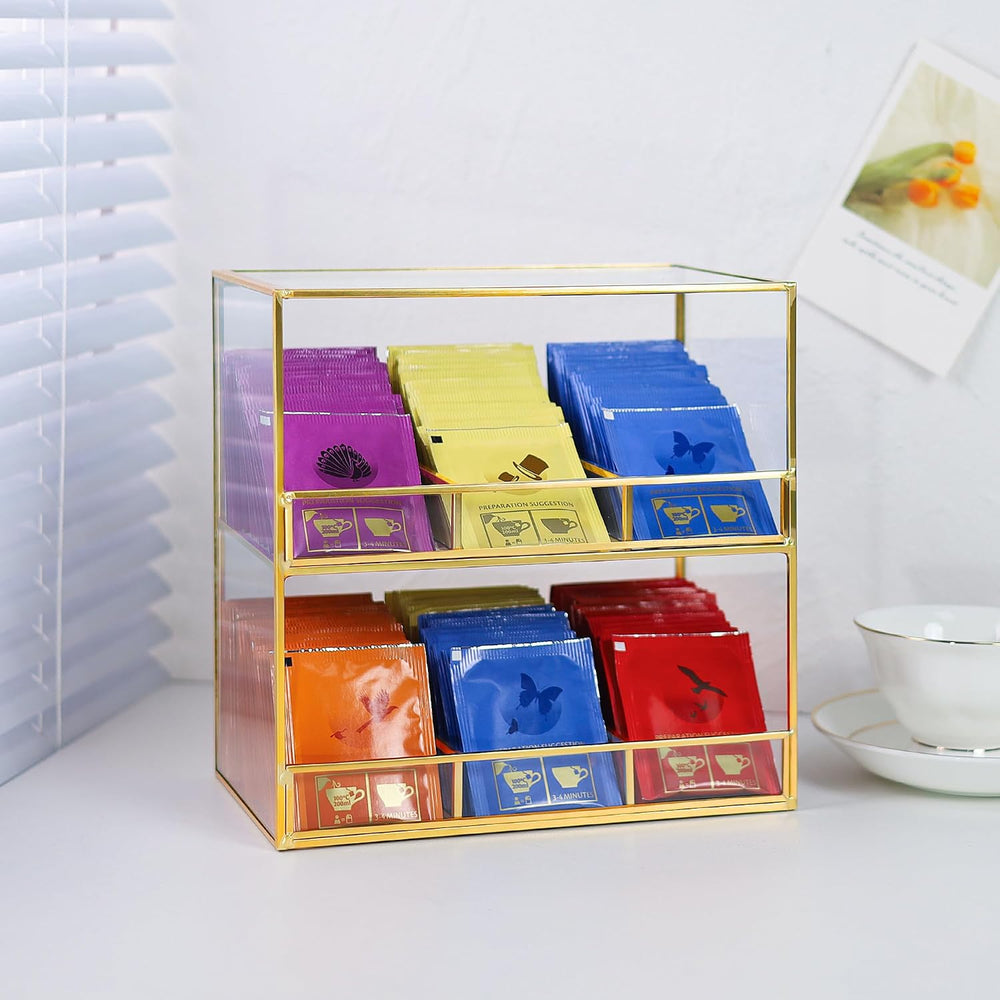 REDHUGO Glass Tea Bag Organizer for Counter, 2-Tier Teabag Organizer Storage ...