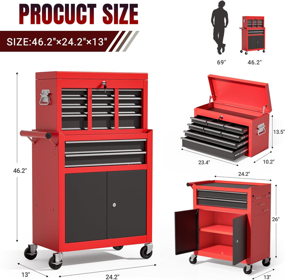 10-Drawer Rolling Tool Chest with wheels, Lockable 2-in-1 Tool Box
