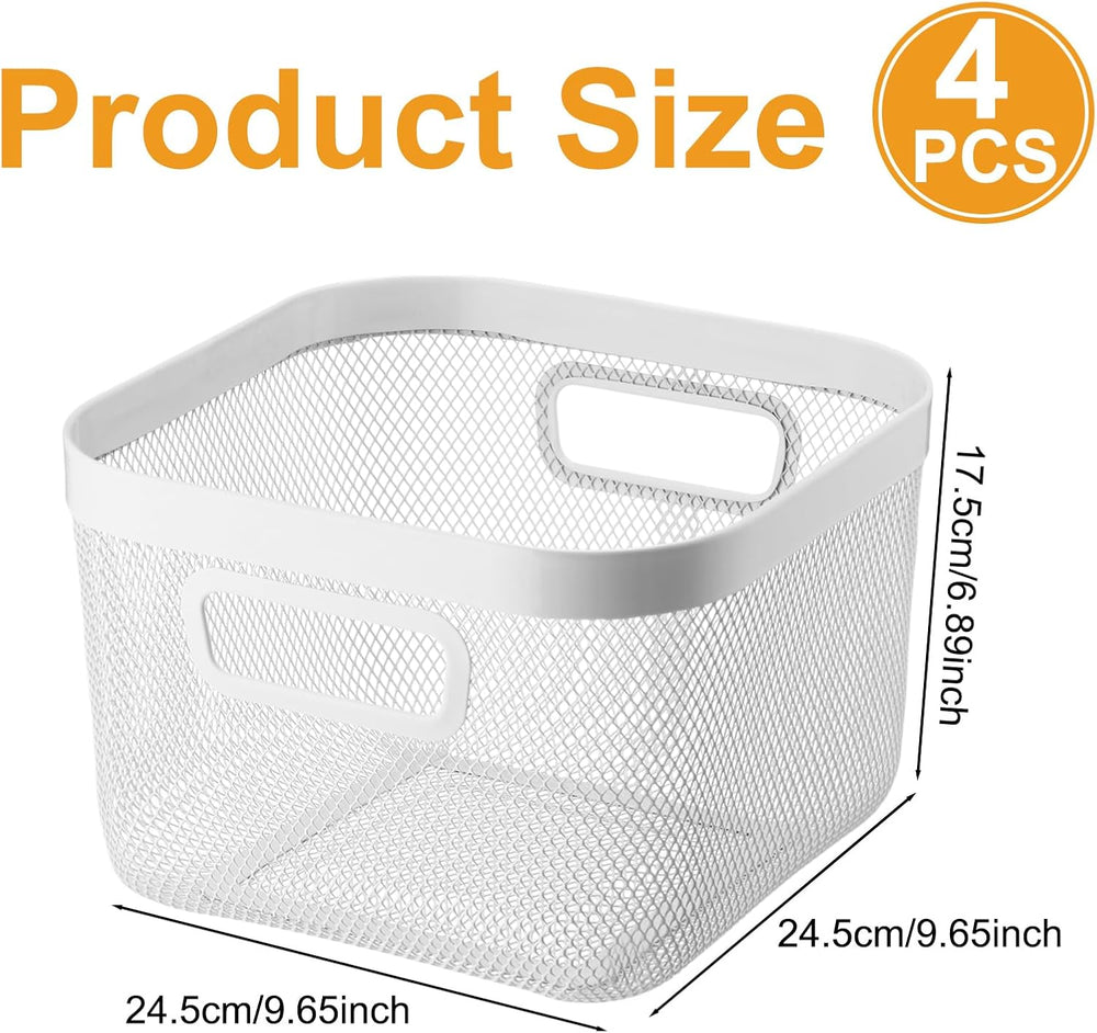 MorningRo 4 Pack Metal Mesh Basket with Hollow Handles White Wire Storage Bin...