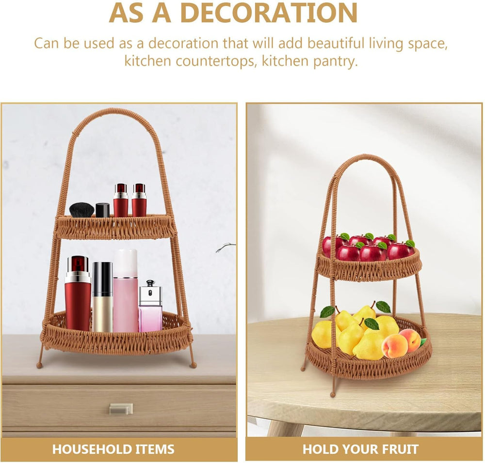 Kichvoe Handwoven Wicker Serving Baskets with Stand 2-tier Rattan Serving Tra...
