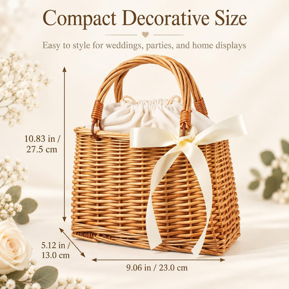 Cabilock Flower Girl Basket, Woven Rattan Wedding Petal Basket with Bow