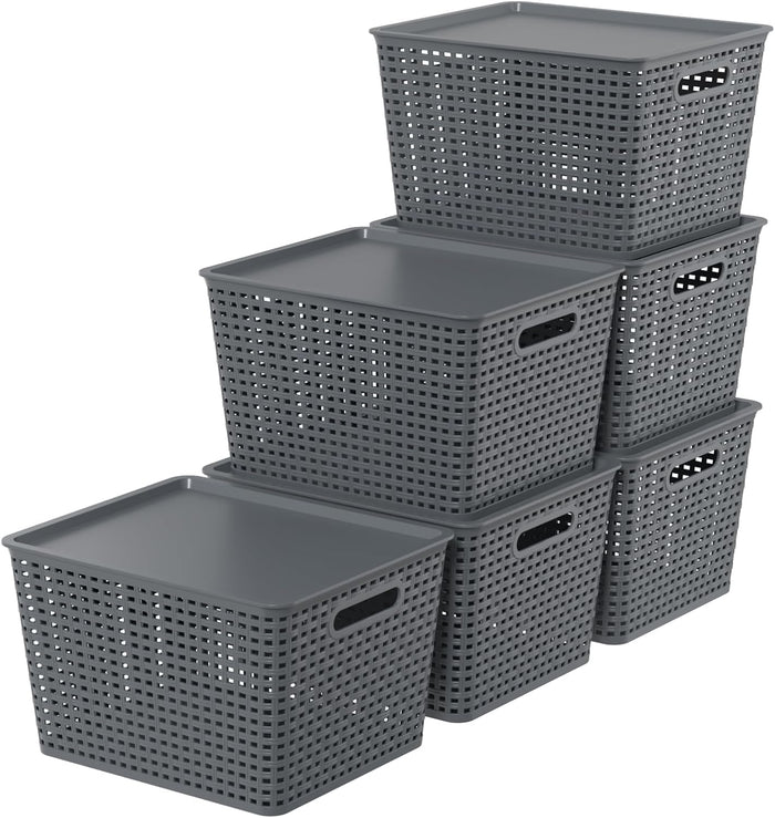 6-Pack Large Plastic Storage Baskets Bins with Lid, Gray