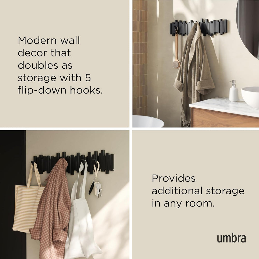 Umbra Sticks Wall Coat Rack, Wall Mount 8 Retractable Hooks, Black