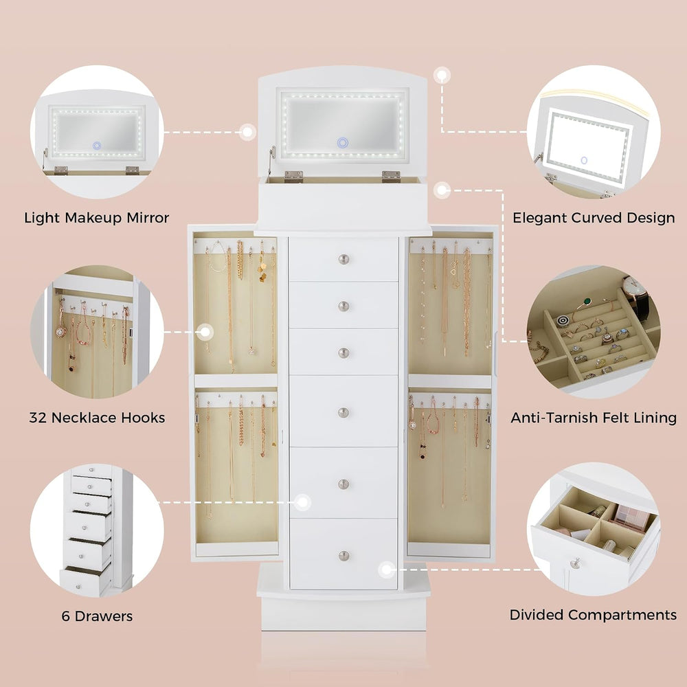 IRONCK Jewelry Cabinet with LED Mirror and 6 Drawers, White