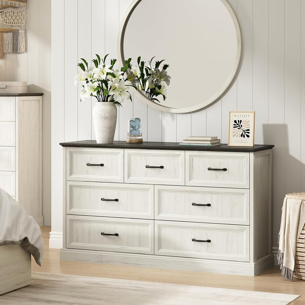 Farmhouse 7 Drawer Dresser for Bedroom, 55" White Dresser with TV Stand