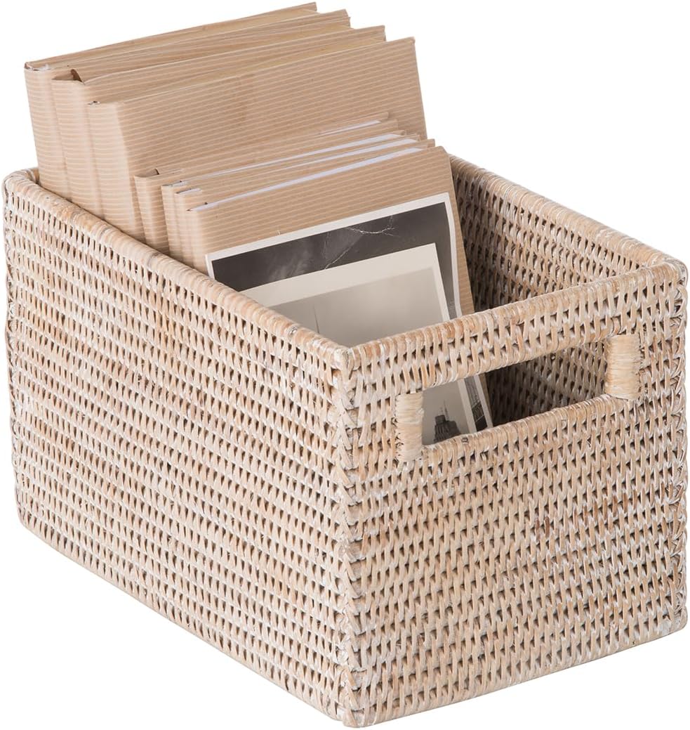 KOUBOO La Jolla Rattan Shelf Handles, Small, White-Wash Storage Basket