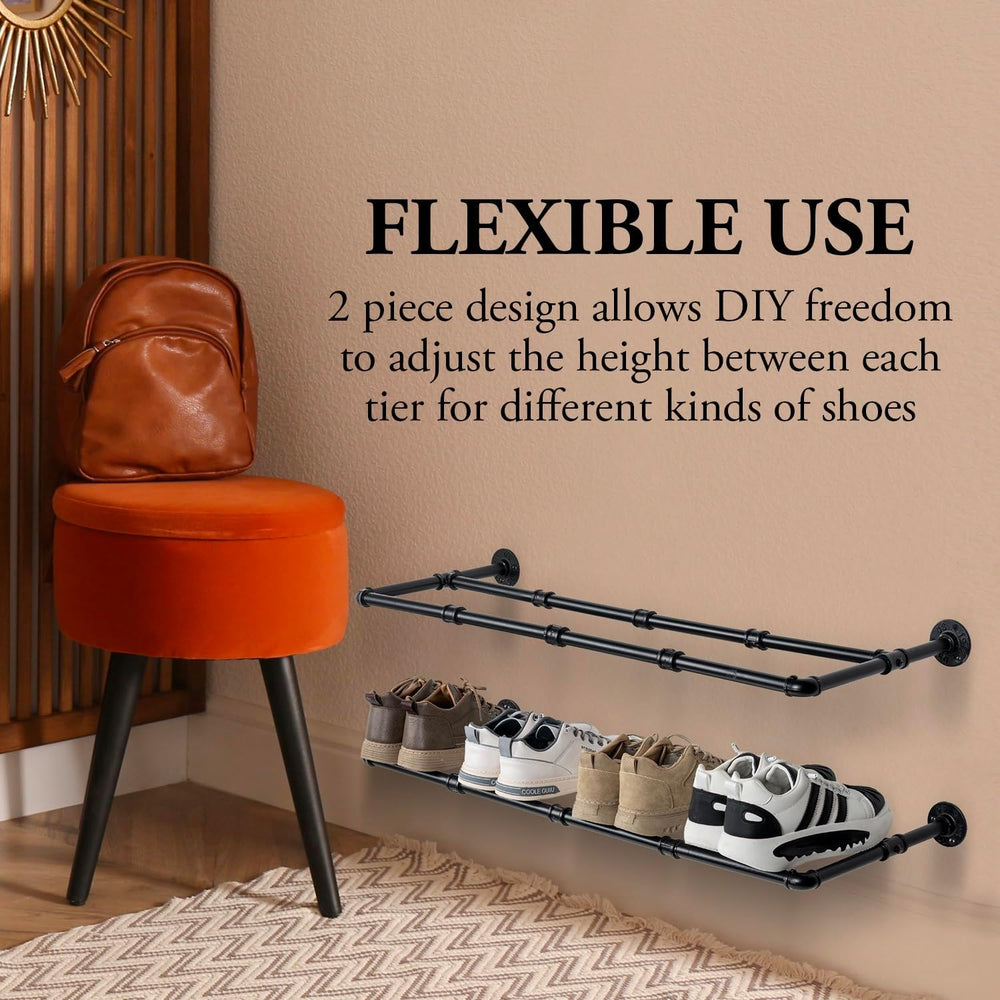 MyGift Matte Black Pipe Shoe Rack Shelves, Wall Mounted Footwear Organizer