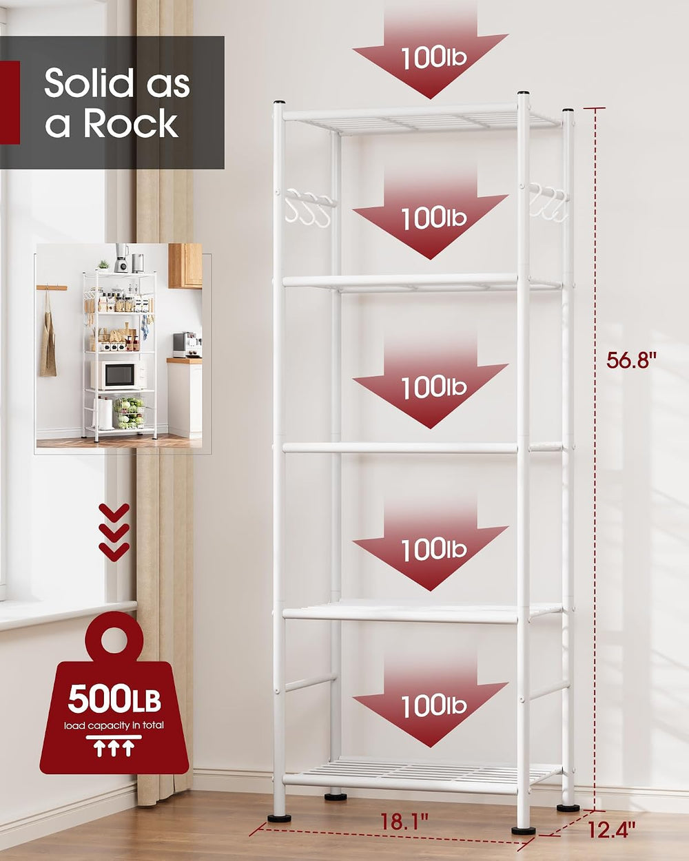 Sakugi Storage Shelves - 5-Tier Large Capacity Shelf Organizer with Hooks, He...