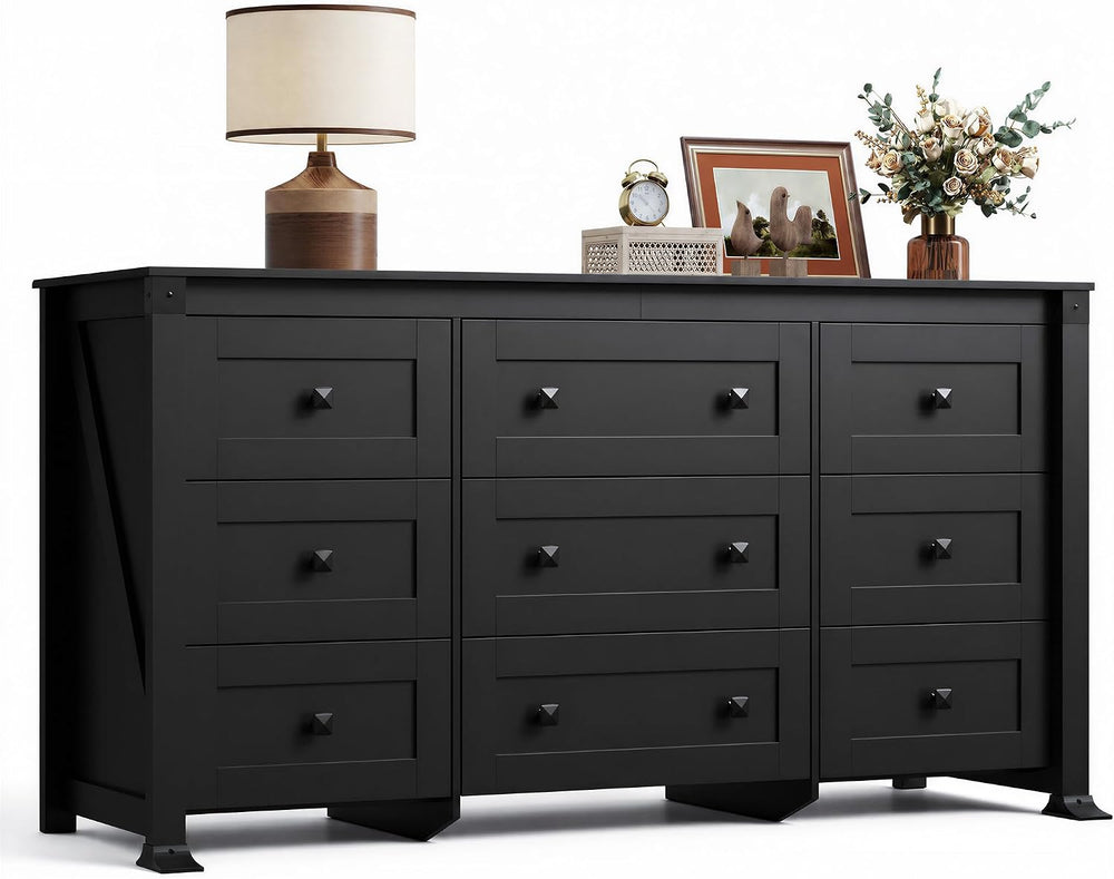 WLIVE 9 Drawer Dresser Black, 62" Wide Wooden Chest with Anti-Tip Structure