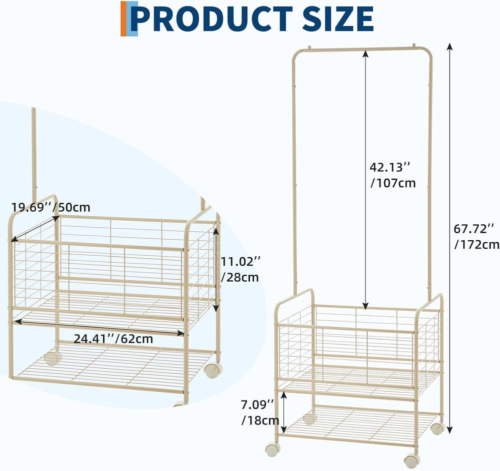 Laundry Cart with Hanging Clothes Rack, Rolling Laundry Cart with Storage Bas...