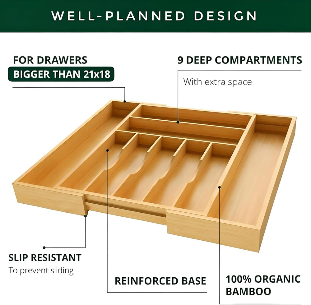 Bamboo Drawer Organizer – Expandable 9 Slot Silverware & Utensil Tray for...