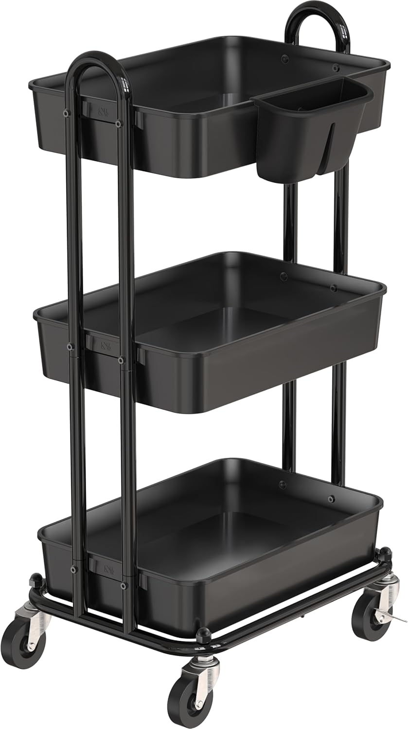Simple Houseware 3-Tier Rolling Utility Cart with Hanging Bucket, Black