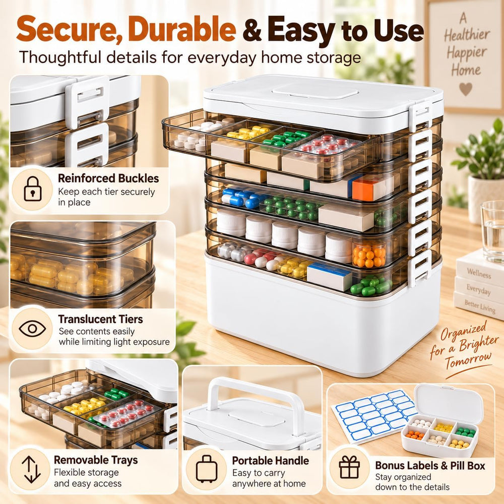 5-Tier Medicine Storage Box with Labels, 12 X 6 X 12 in Medicine Cabinet Orga...