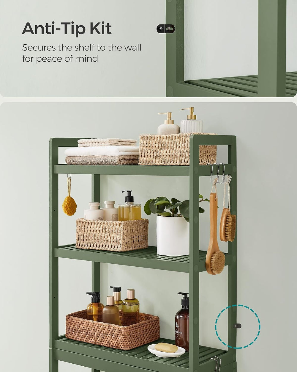 SONGMICS 3-Tier Bamboo Over The Toilet Storage, Adjustable Shelf, 66.9'