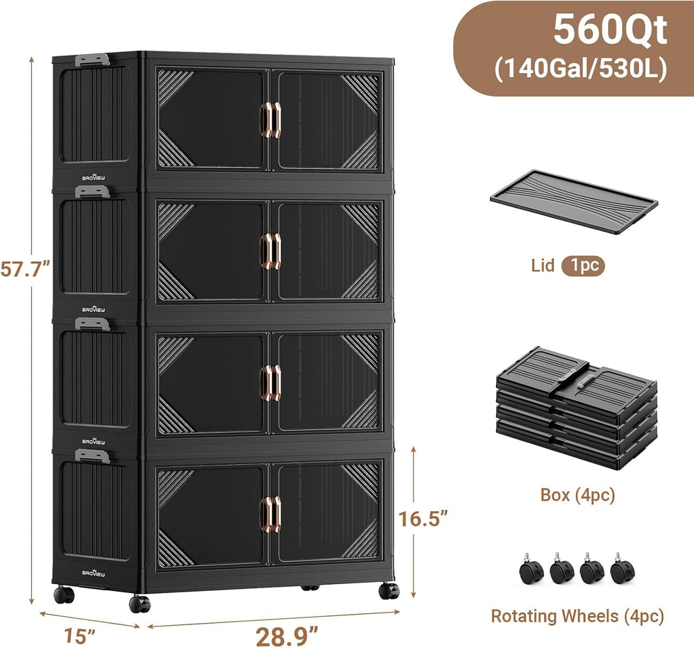 BROVIEW V60 560QT Plastic Stackable Storage Bins with Lid, 4Pack Black