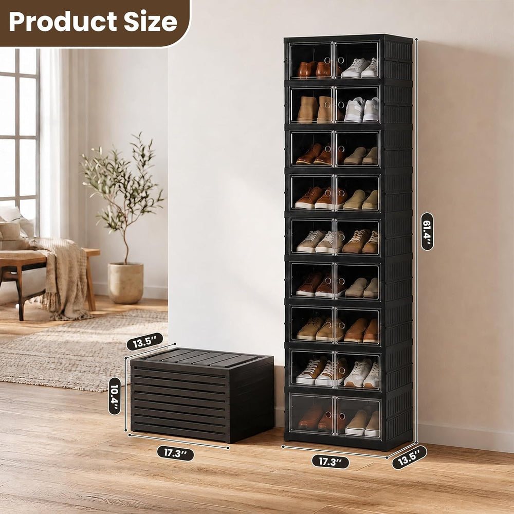 9 Tier Foldable Shoe Rack, Plastic Shoe Storage Cabinet with Clear Doors
