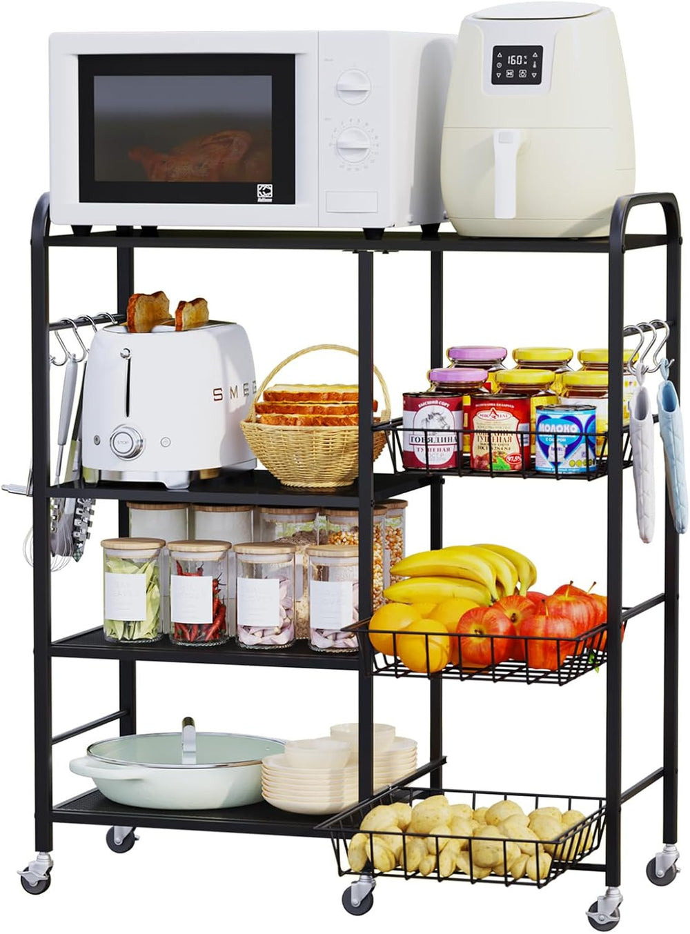 HapiRm Rolling Kitchen Microwave Cart - 4 Tier Microwave Table Stand with Pul...