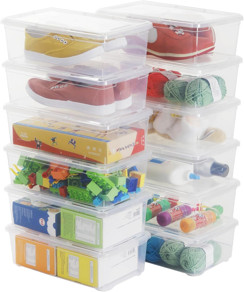 6 Quart Stackable Plastic Storage Shoebox, BPA-Free Nestable Container with L...