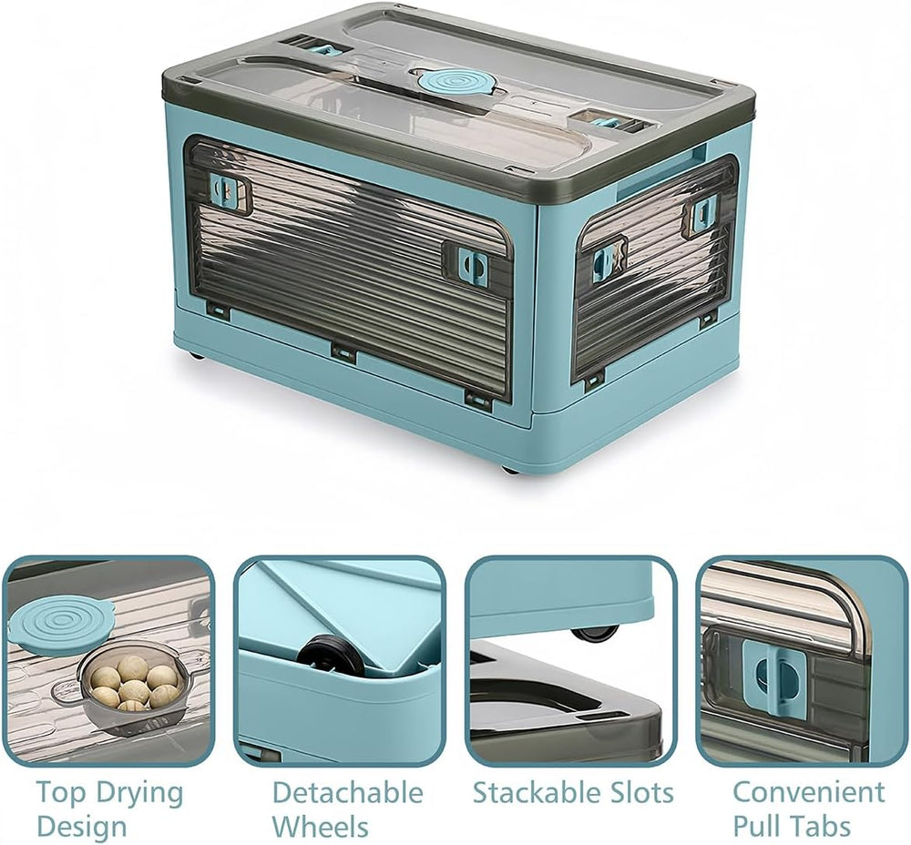 Folding Storage Bins, 50 Liters, 2 Pcs Blue plastic Storage Containers with W...