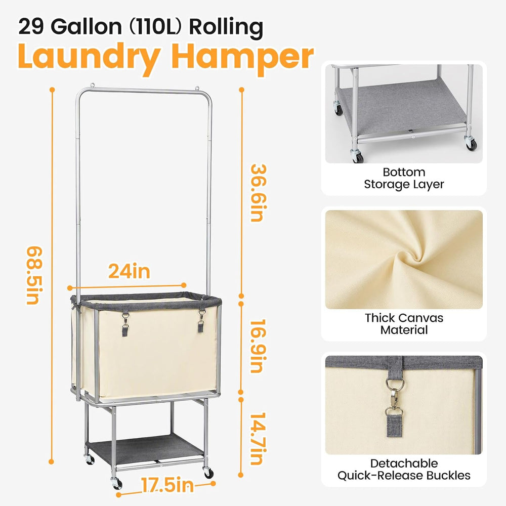 Rolling Laundry Cart 110L With Hanging Bar & Storage Shelf, Beige