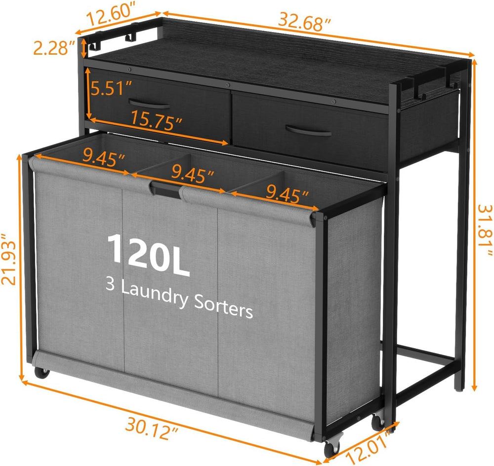 STIKELY Laundry Hamper Laundry Basket with 3 Section Pull-Out Rolling Bags, L...