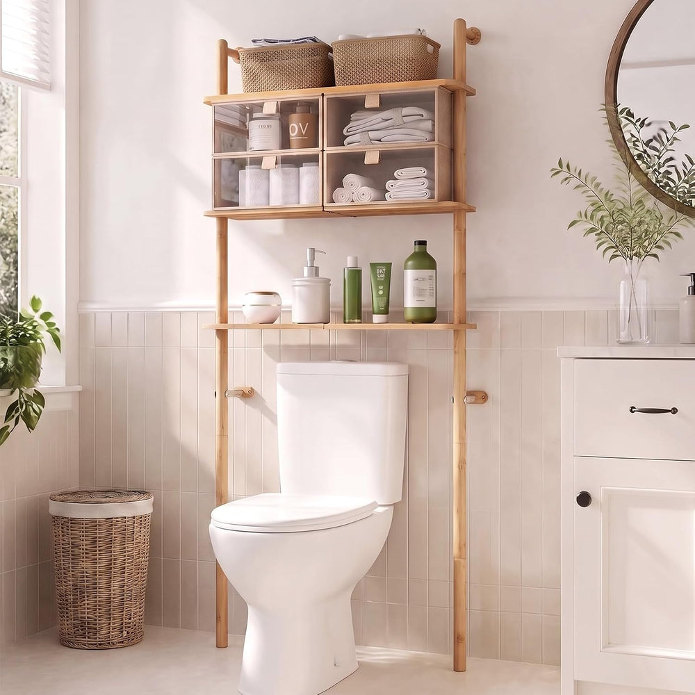 Bamboo Over The Toilet Storage, Bathroom Over Toilet Organizer with Cabinet